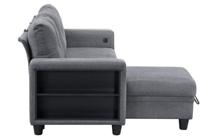 Homelegance 9705GY-32AVC 2 pc Morian grey boucle fabric sectional sofa reversible storage chaise storage arms and pop up sleep area