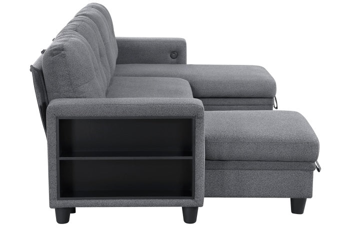 Homelegance 9705GY-42AVC 3 pc Morian grey boucle fabric double chaise sectional sofa storage chaises storage arms and pop up sleep area