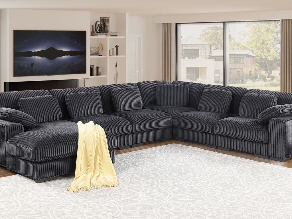 89161 6 pc Nadine dark grey wide corduroy fabric modular sectional sofa set with chaise