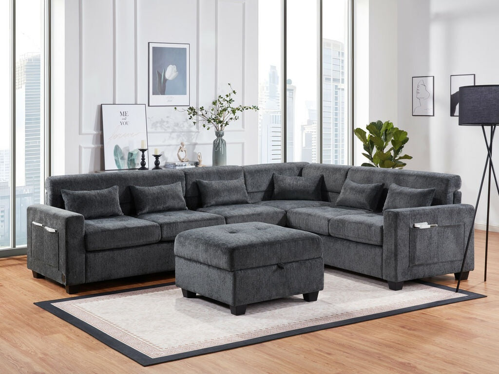 89306 3 pc Trey grey chenille fabric 115" sectional sofa set with adjustable headrests USB charging and storage ottoman