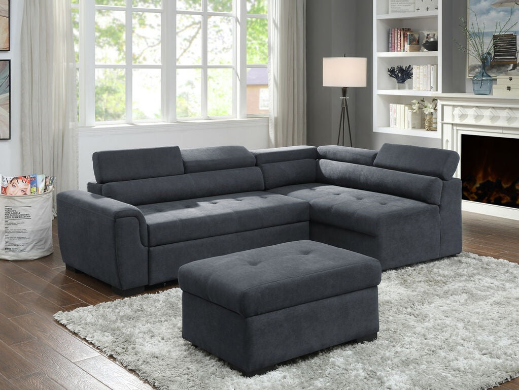 89138 3 pc Haris dark grey fabric 97" sectional sofa set with pop up sleep area adjustable headrests storage ottoman