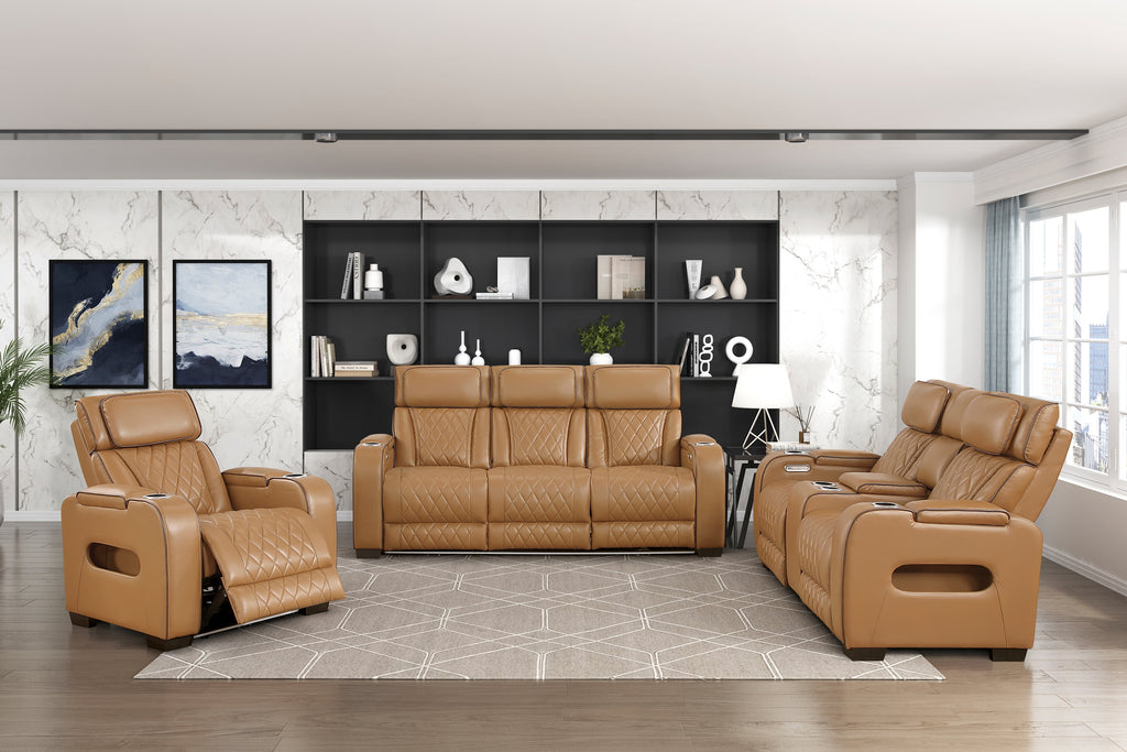 Homelegance 9516BRW-2PWH 2 pc Fairway tan breathable faux leather power motion sofa and love seat set USB LED