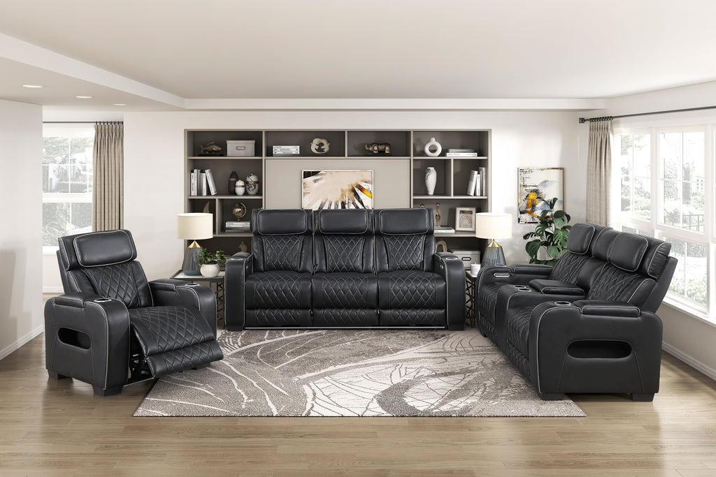 Homelegance 9516BLK-2PWH 2 pc Fairway black breathable faux leather power motion sofa and love seat set USB LED