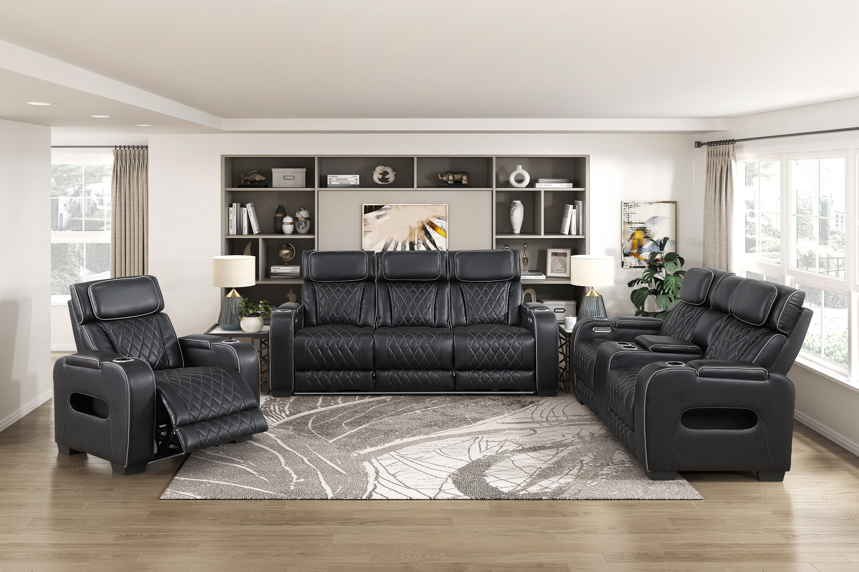 Homelegance 9516BLK-2PWH 2 pc Fairway black breathable faux leather power motion sofa and love seat set USB LED