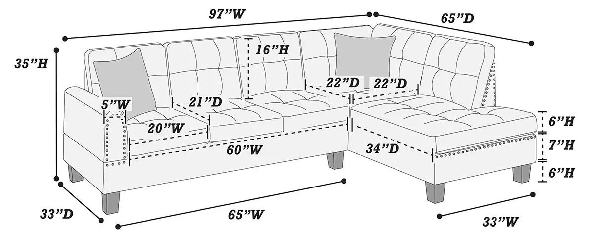Poundex F8885 2 pc mushroom tweed like velvet fabric sectional sofa with chaise and nail head trim