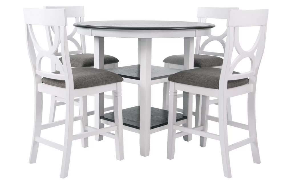 Poundex F2625 5 pc grey and white finish wood 42" round counter height dining table set center shelf pedestal