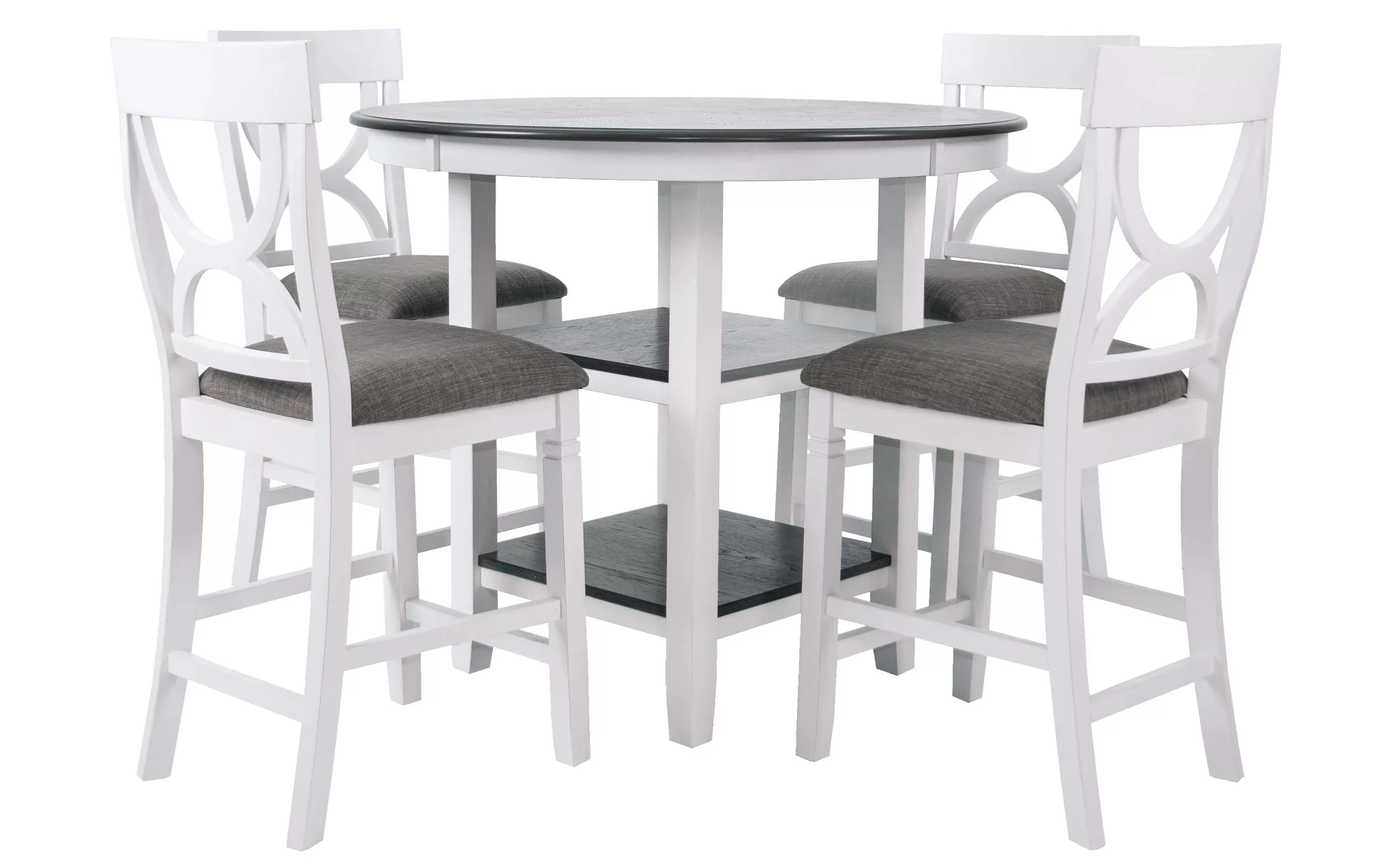 Poundex F2625 5 pc grey and white finish wood 42" round counter height dining table set center shelf pedestal