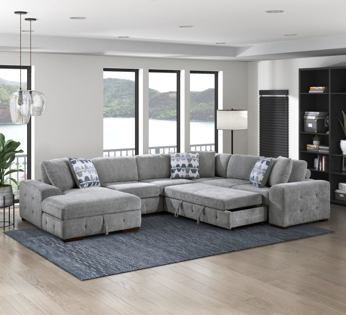 9624GY*42RLC 4 pc Waitsfield light grey chenille textured fabric sectional sofa with storage chaise and sleep area left chaise