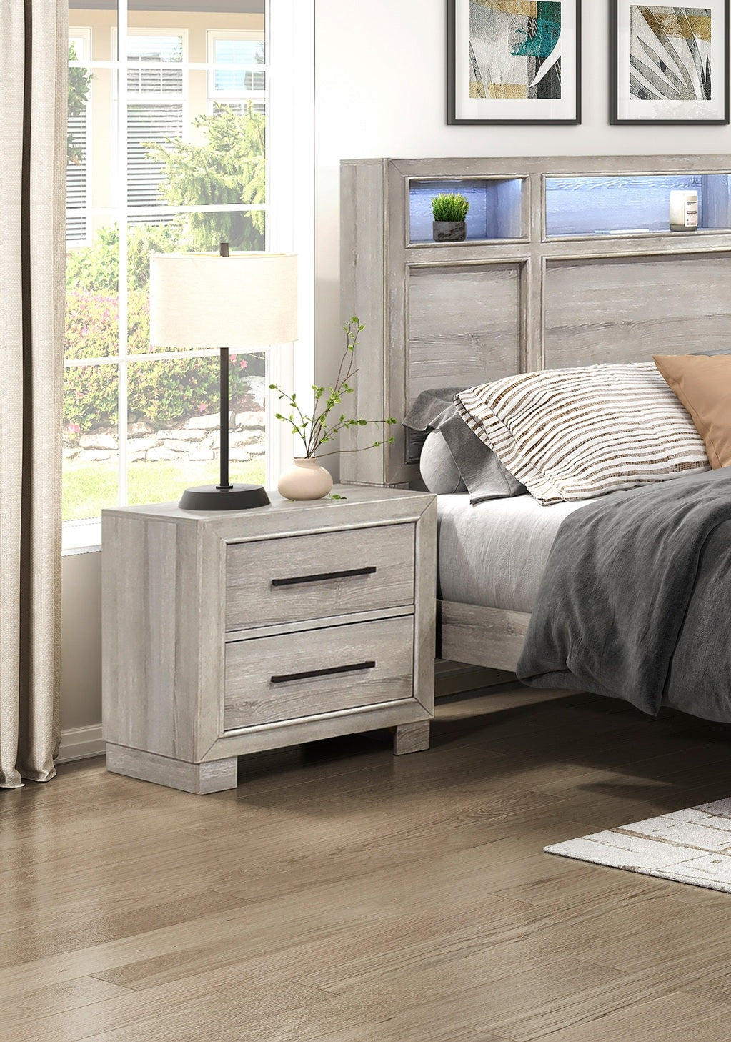 Homelegance 2332-4PC 4 pc Everett light driftwood grey finish wood storage headboard queen bedroom set LED, Bluetooth sound and USB plugs