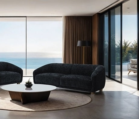 FM61006BK-2PC 2 pc Kolvere black boucle fabric sofa and love seat set soft curved sloped arms