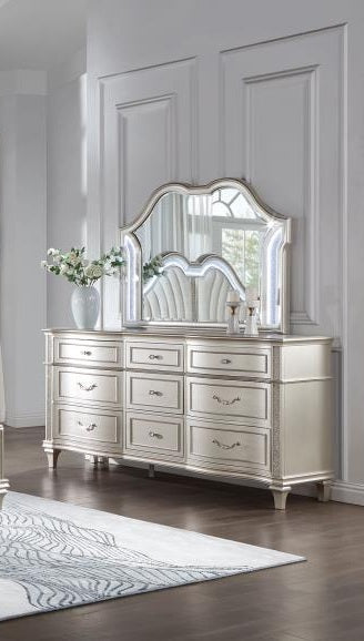 Coaster 223391Q-S4 4 pc Evengeline silver oak finish wood ivory fabric LED headboard queen bed set