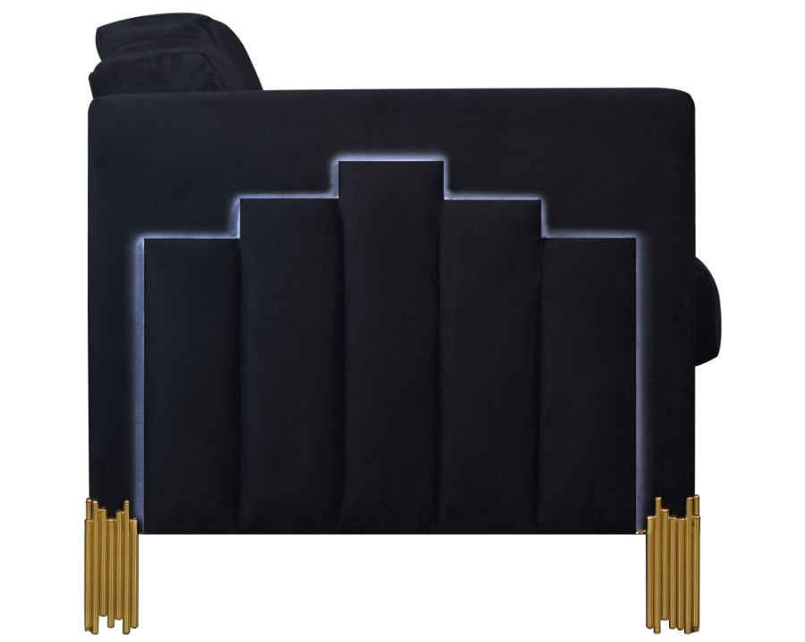 23-2034-2PC 2 pc Empire black velvet fabric blue LED accents sofa and love seat set gold accents