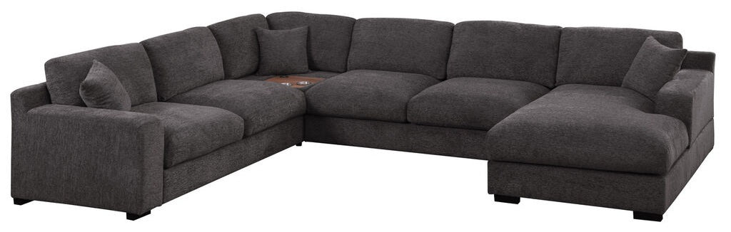 89296-1 4 pc Celine grey chenille fabric 128" modular sectional sofa set with chaise and cup holders wtih USB charging