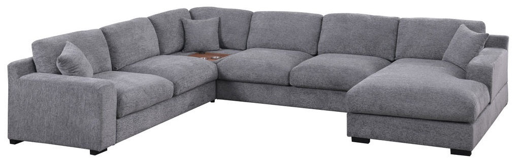 89297-1 4 pc Celine light grey chenille fabric 128" modular sectional sofa set with chaise and cup holders wtih USB charging