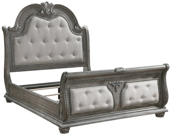 Homelegance 1583-4PC 4 pc Bennington grey finish wood tufted headboard and footboard sleigh style queen bedroom set