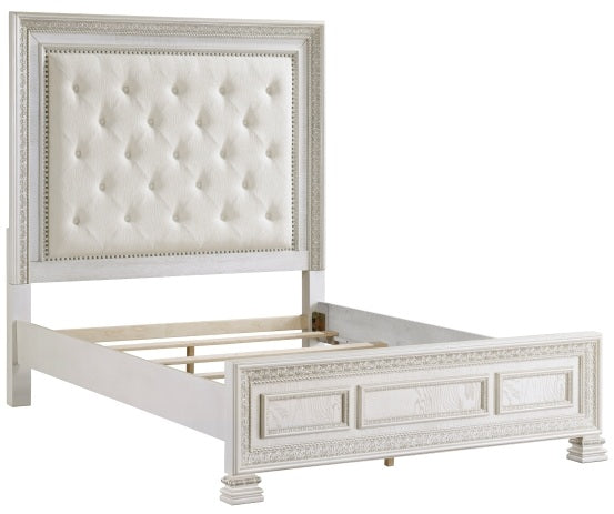 Theodora Pearl White Wood Queen Bedroom Set with Tufted Fabric Headboard and Nailheads – 1596-4PC