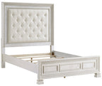 Theodora Pearl White Wood Queen Bedroom Set with Tufted Fabric Headboard and Nailheads – 1596-4PC