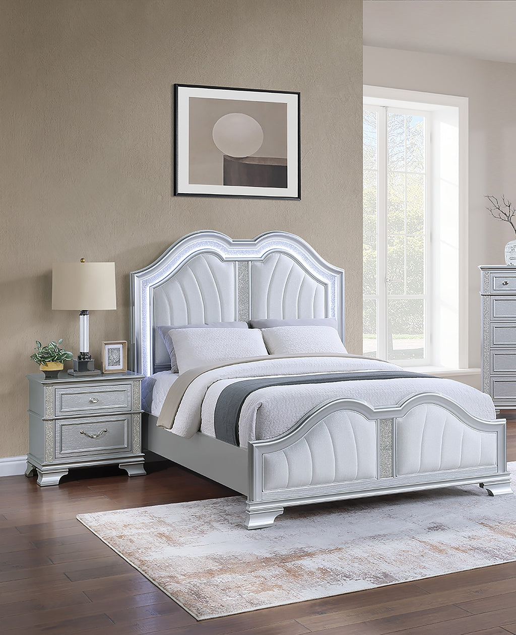 Poundex F9670Q-4PC 4 pc Light grey finish wood fabric padded headboard LED lighting queen bed set