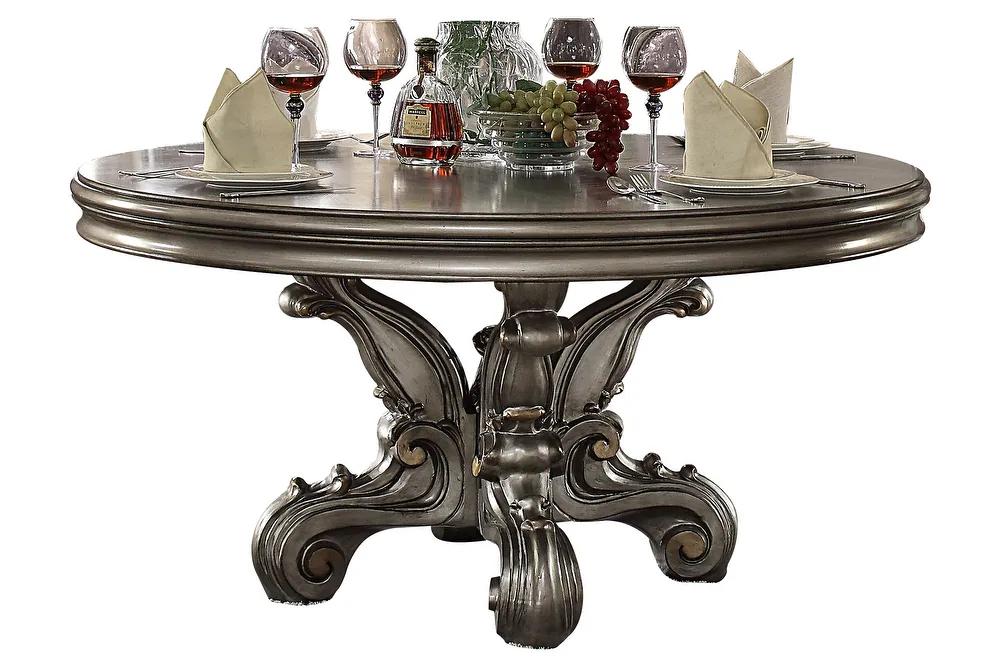 Acme 66840-22 7 pc Rosdorf park barnathan versailles antique platinum finish wood 60" round dining table set