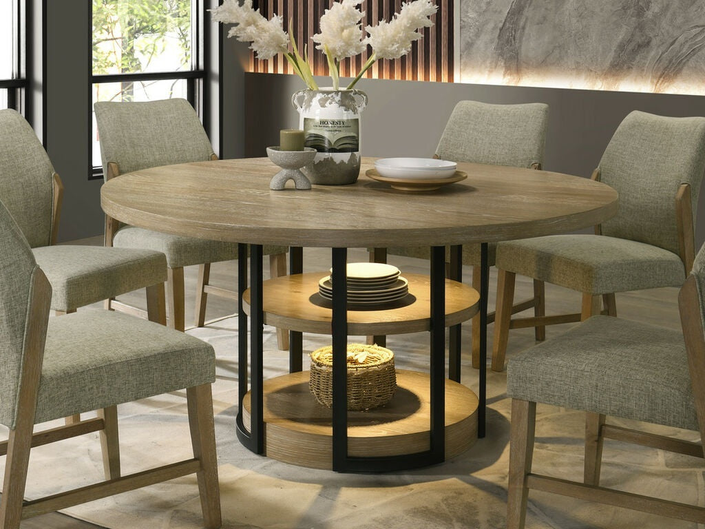 30045-7PC 7 pc Eden rutic oak finish wood 59" round dining table set black metal frame LED lighting
