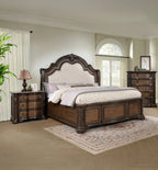 B1640 4 pc Ludwig rich brown finish wood padded upholstered nail head trim headboard bedroom set with marble tops