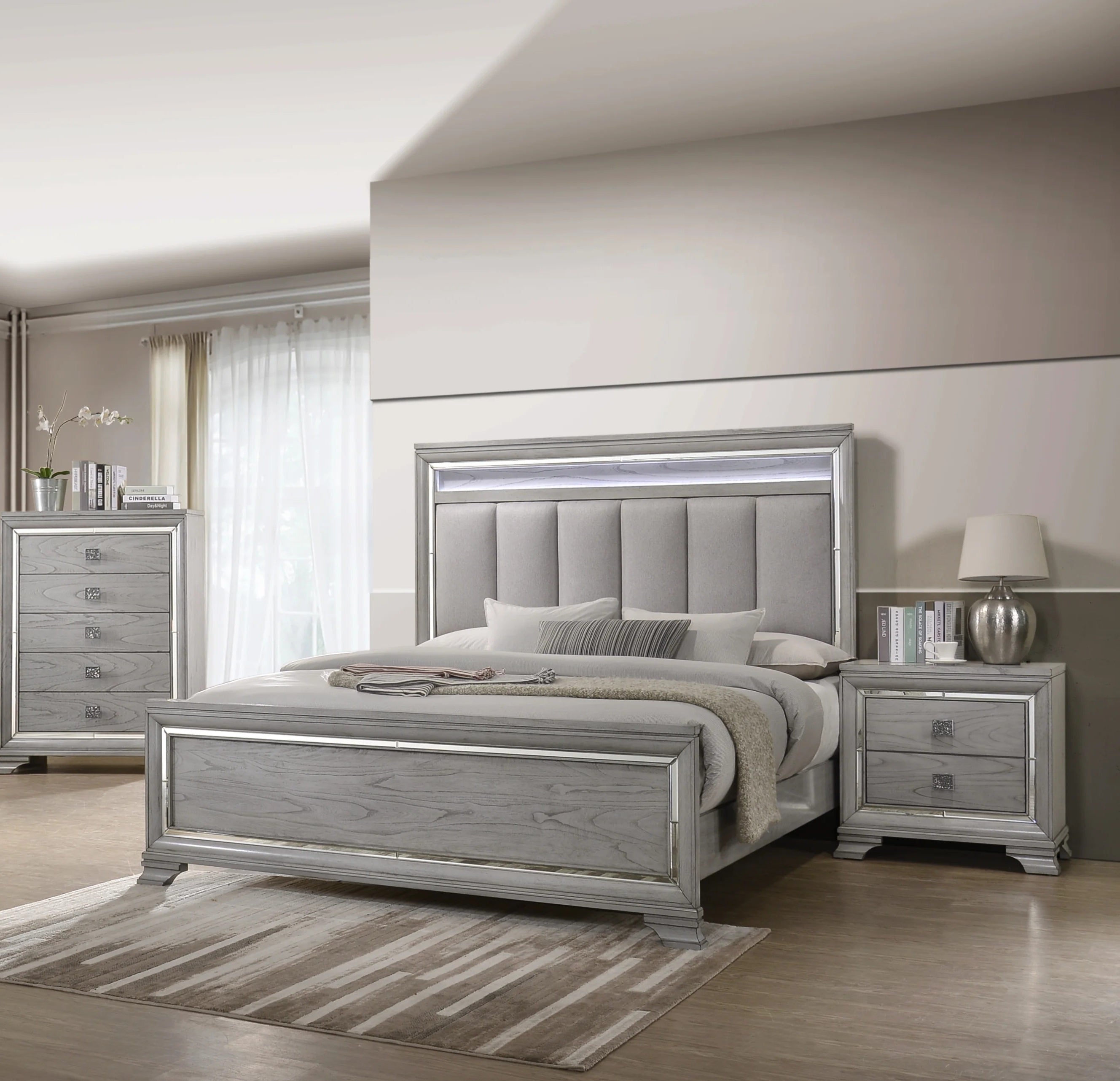 B7200 4 pc A & J homes studio vail metallic finish wood carved design queen bedroom set