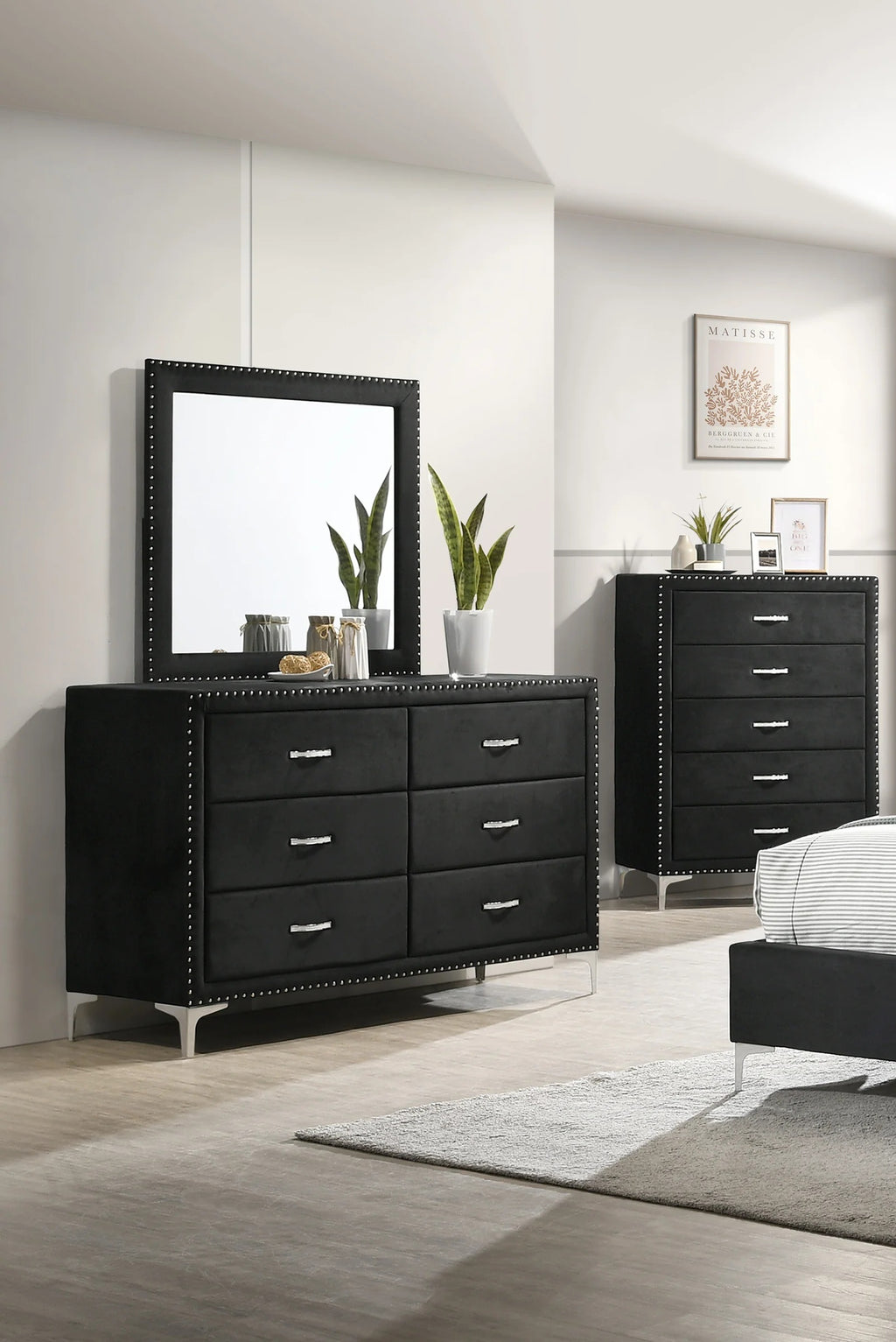 B9265 4 pc lucinda black velvet tufted upholstered queen bedroom set nail head trim