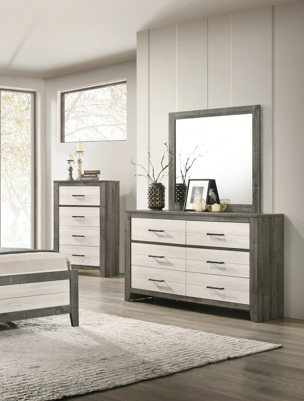 B8170 4 pc Rhett two tone grey finish wood slatted storage headboard with lights queen bedroom set