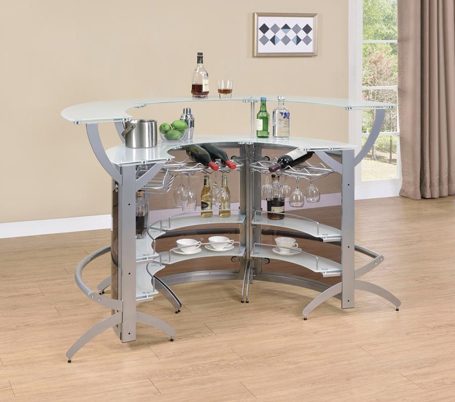Coaster Orren Ellis 3-Piece Modern Silver Finish Curved Front Home Bar Set with Tempered Glass & Smoked Acrylic – 100135-S3