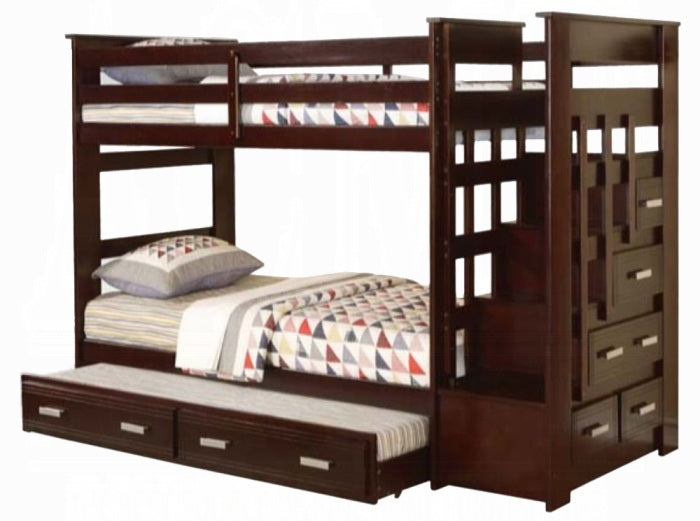 Acme 10170 Harriet beee fulda allentown espresso finish wood twin over twin bunk bed set storage drawer steps trundle