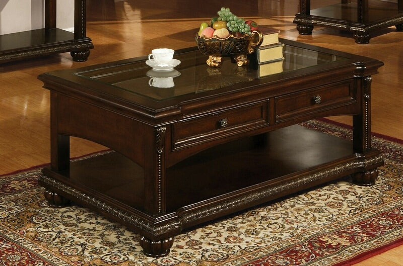 10322 Annondale Cherry Finish Wood Rectangular Coffee Table with Glass Top & Storage Drawers