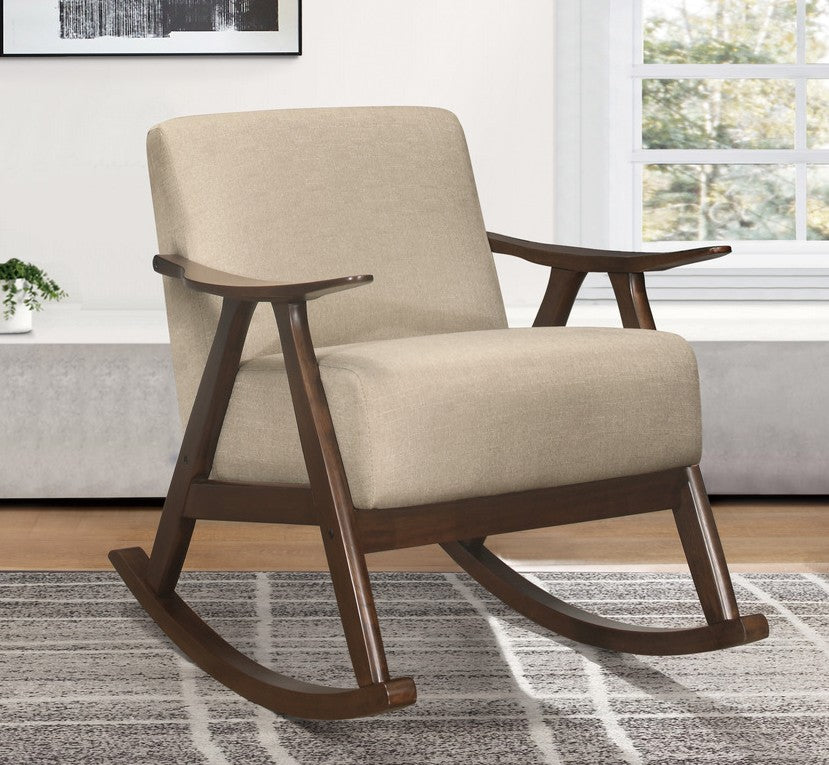 Homelegance 1034BR-1 Waithe mid century modern dark walnut finish wood light brown textured fabric rocking chair