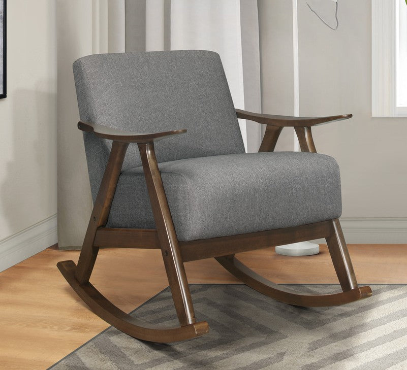Homelegance 1034GY-1 Waithe mid century modern dark walnut finish wood gray textured fabric rocking chair