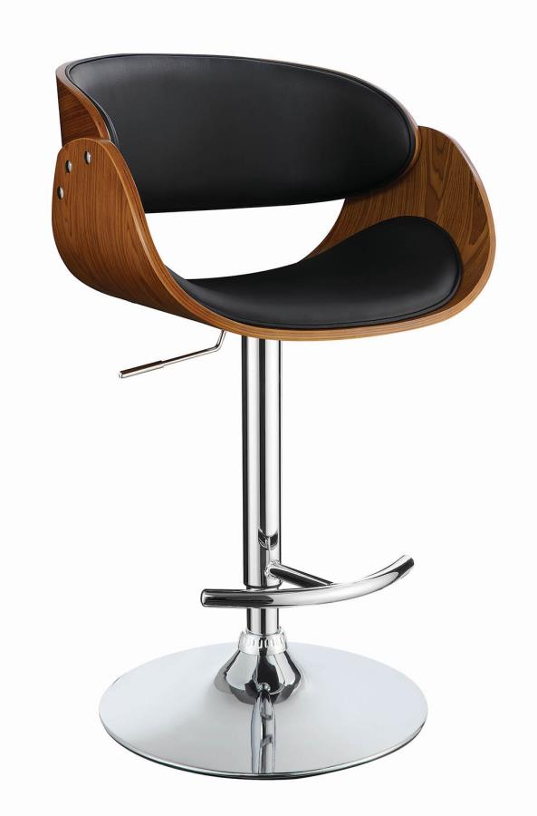 Coaster 104965 Walnut finish wood black faux leather adjustable height bar stool chrome base