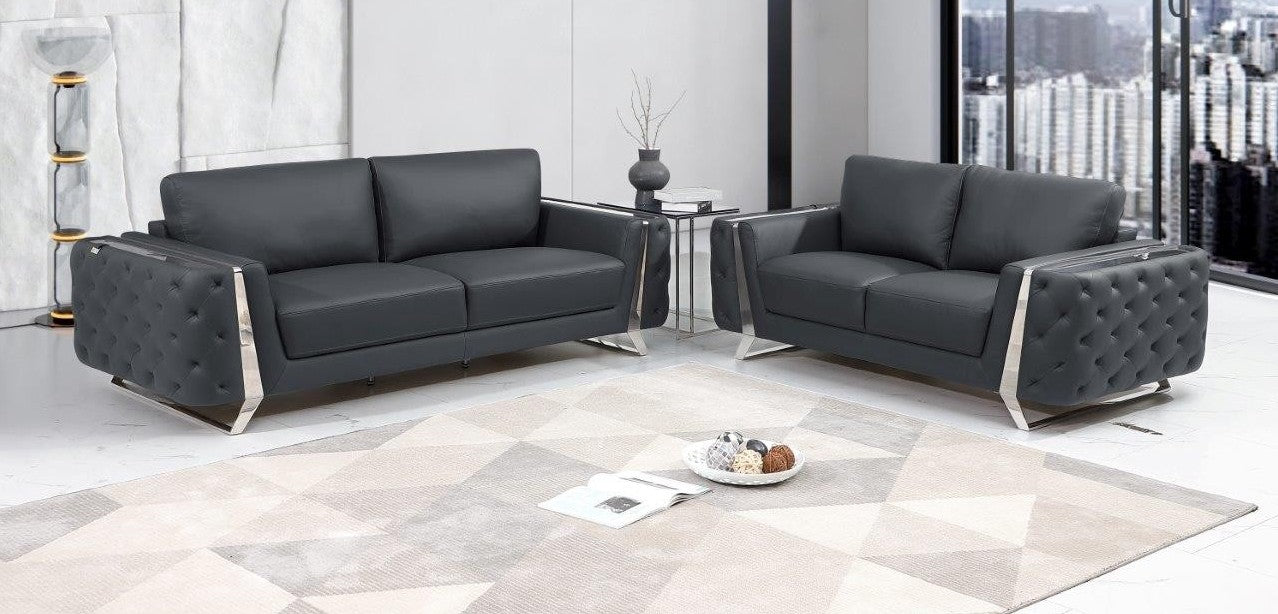 Global United 1050GY-2PC 2 pc grey Italian leather sofa and love seat set Latitude run aramis modern style gold accents tufted design