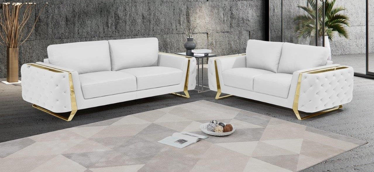 Global United Aramis Modern White Italian Leather 2-Piece Sofa and Love Seat Set with Gold Accents and Tufted Design – 1050WH-2PC