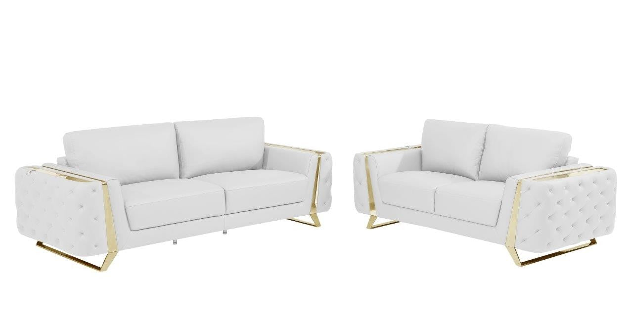 Global United Aramis Modern White Italian Leather 2-Piece Sofa and Love Seat Set with Gold Accents and Tufted Design – 1050WH-2PC