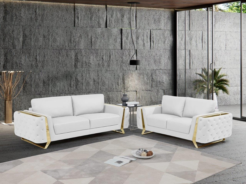 Global United Aramis Modern White Italian Leather 2-Piece Sofa and Love Seat Set with Gold Accents and Tufted Design – 1050WH-2PC