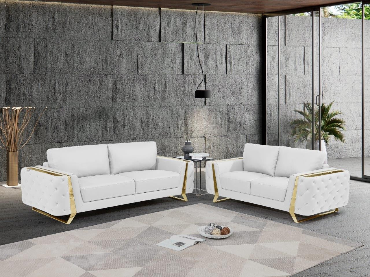 Global United Aramis Modern White Italian Leather 2-Piece Sofa and Love Seat Set with Gold Accents and Tufted Design – 1050WH-2PC