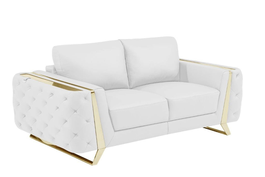 Global United Aramis Modern White Italian Leather 2-Piece Sofa and Love Seat Set with Gold Accents and Tufted Design – 1050WH-2PC