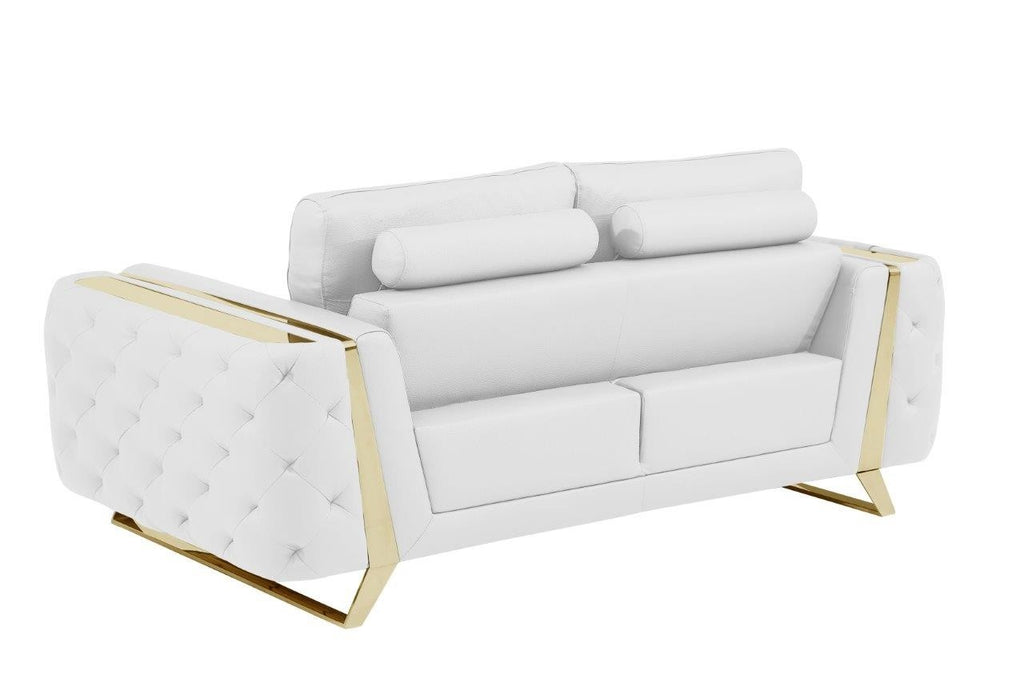 Global United Aramis Modern White Italian Leather 2-Piece Sofa and Love Seat Set with Gold Accents and Tufted Design – 1050WH-2PC
