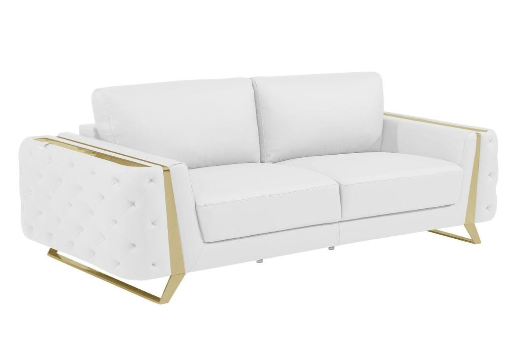 Global United Aramis Modern White Italian Leather 2-Piece Sofa and Love Seat Set with Gold Accents and Tufted Design – 1050WH-2PC