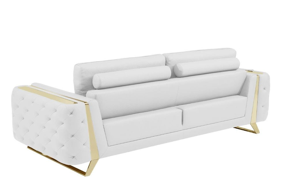 Global United Aramis Modern White Italian Leather 2-Piece Sofa and Love Seat Set with Gold Accents and Tufted Design – 1050WH-2PC