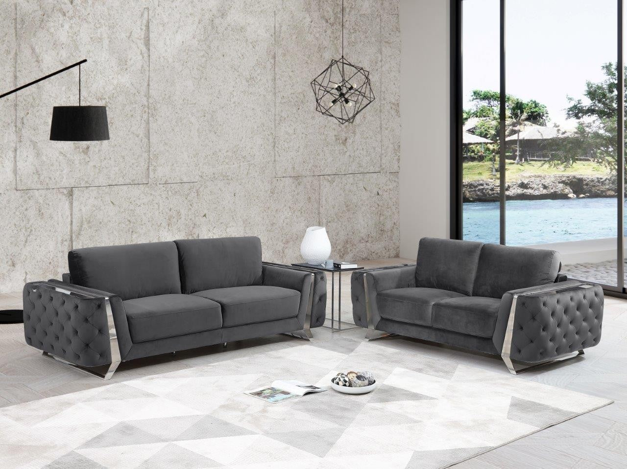 Global United 1051GY-2PC 2 pc grey fabric sofa and love seat set Latitude run aramis modern style chrome accents tufted design