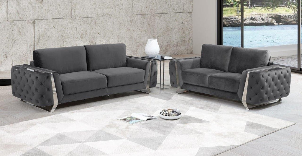 Global United 1051GY-2PC 2 pc grey fabric sofa and love seat set Latitude run aramis modern style chrome accents tufted design