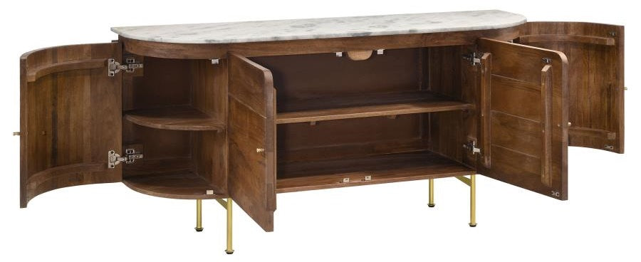 Coaster 105145 Ortega white marble top and natural mango wood buffet server sideboard cabinet brass inlay
