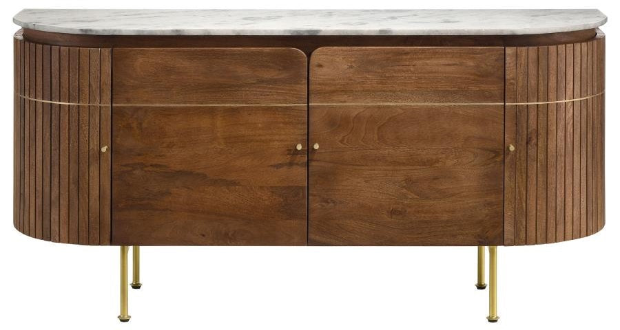 Coaster 105145 Ortega white marble top and natural mango wood buffet server sideboard cabinet brass inlay