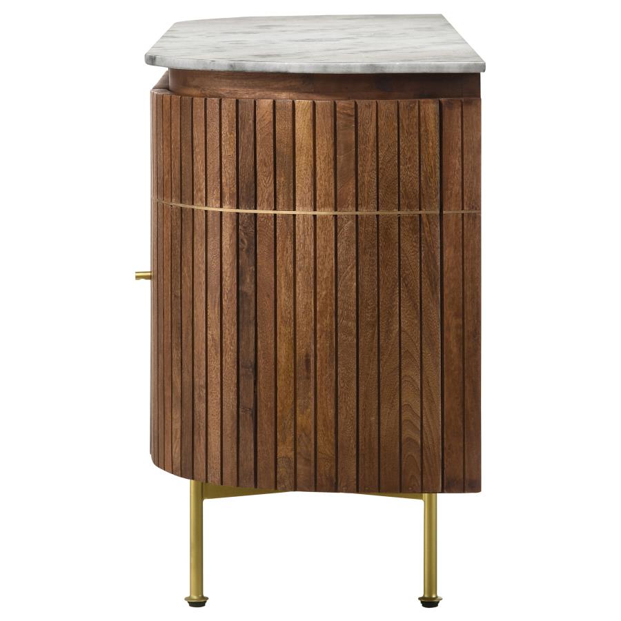 Coaster 105145 Ortega white marble top and natural mango wood buffet server sideboard cabinet brass inlay