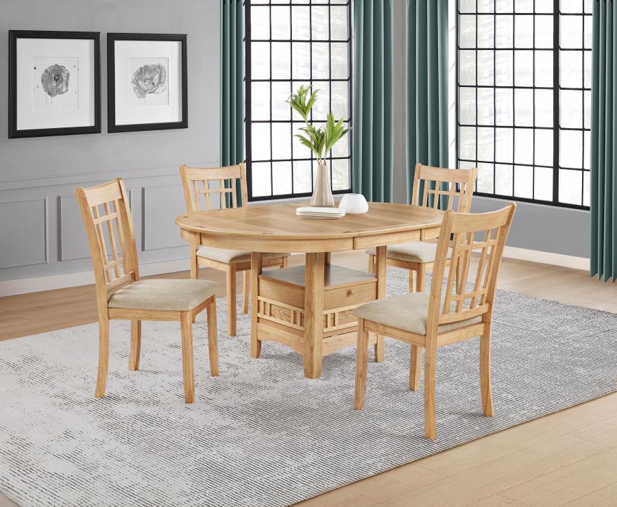 Coaster 106620-S5 5 pc Lavon light oak finish wood 42" round / oval dining table set with shelf