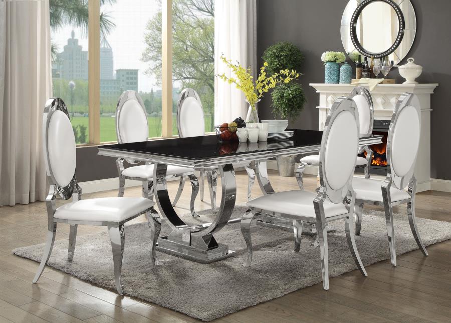 Coaster 107871-72 7 pc Sharli antoine chrome metal base dining table set with black glass top